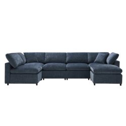 Modern Modular Cloud Sofa Bed, 6 Seat Chenille Sectional Couch Set With Ottoman, Free Combination, Convertible U Shaped Sleeper Sofa - Dark Blue