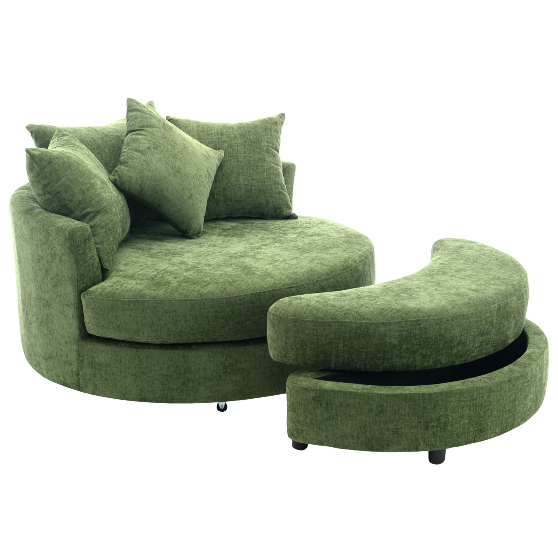 360° Swivel Accent Barrel Chair With Storage Ottoman & 4 Pillows, Modern Chenille Leisure Chair Round Accent For Living Room - Green - Image 24
