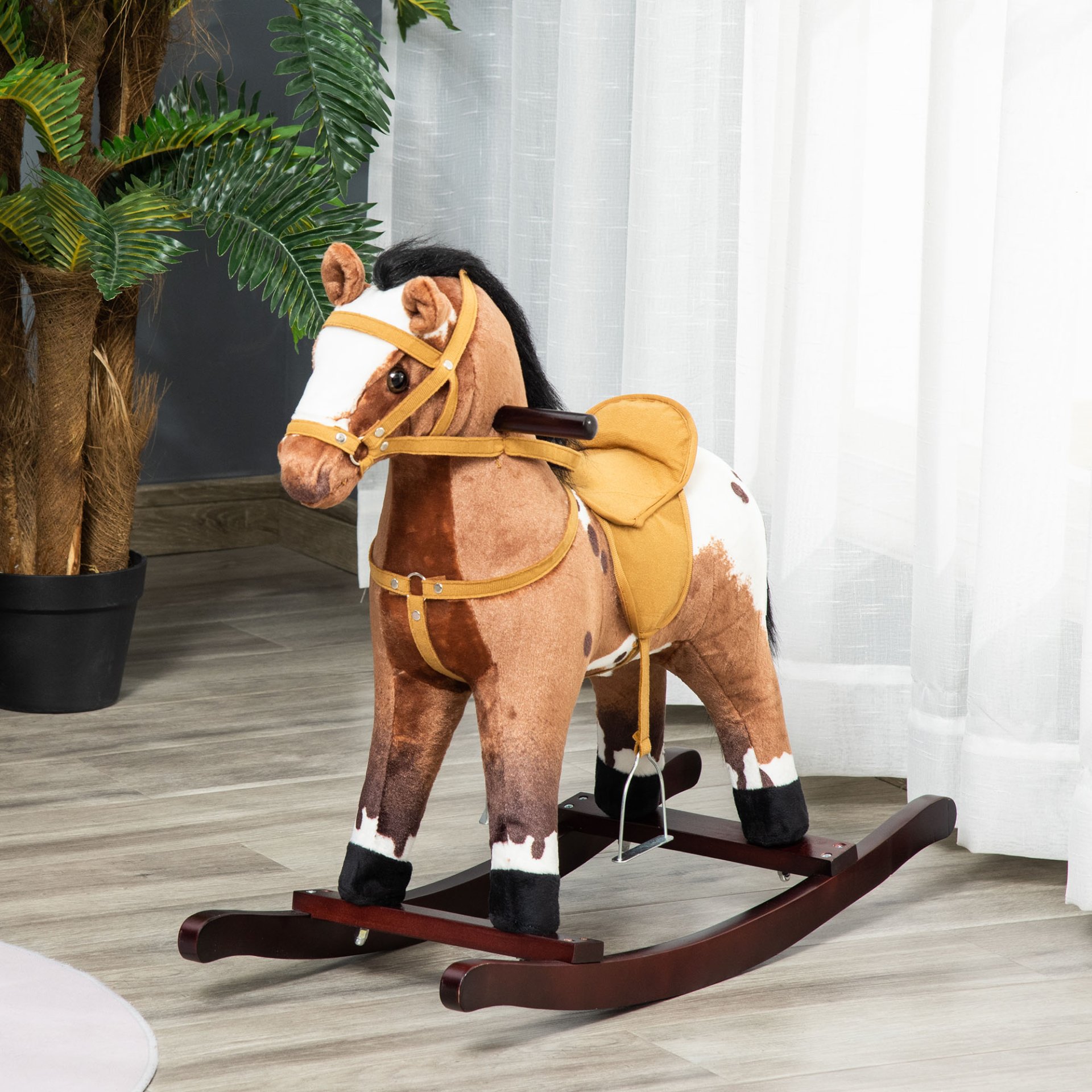 Qaba - Kids Metal Plush Ride-On Rocking Horse Chair Toy With Realistic Sounds - Dark Brown / White - Image 11