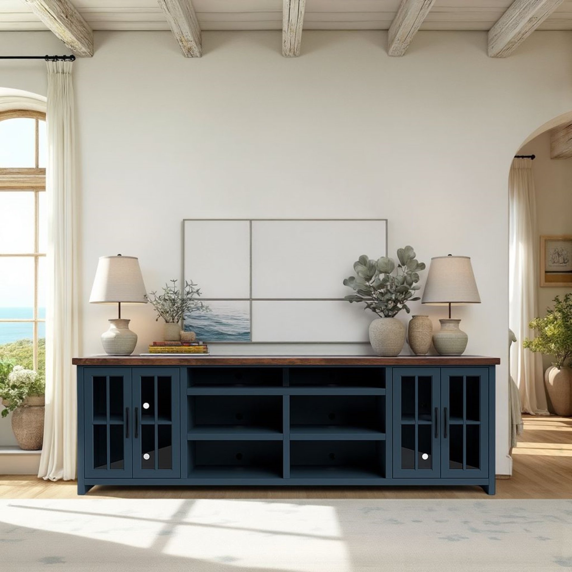 Nantucket - TV Stand Console For TVs Up To 100" - Blue Denim, Whiskey - Image 4