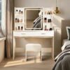 Vanity Desk With Mirror And LED Lights 3 Lighting Modes And Power Outlet 2 Spacious Drawers And Stool - White - Image 2