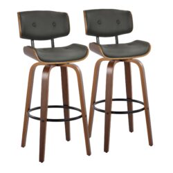 Lombardi - Mid-Century Modern Fixed Height Barstool With Swivel With Round Footrest (Set of 2) - Walnut / Gray