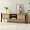 Rattan TV Cabinet With Variable Color Light Strip, Double Sliding Doors For Storage, Adjustable Shelf, Metal Legs, TV Console For Living Room - Natural - Image 2