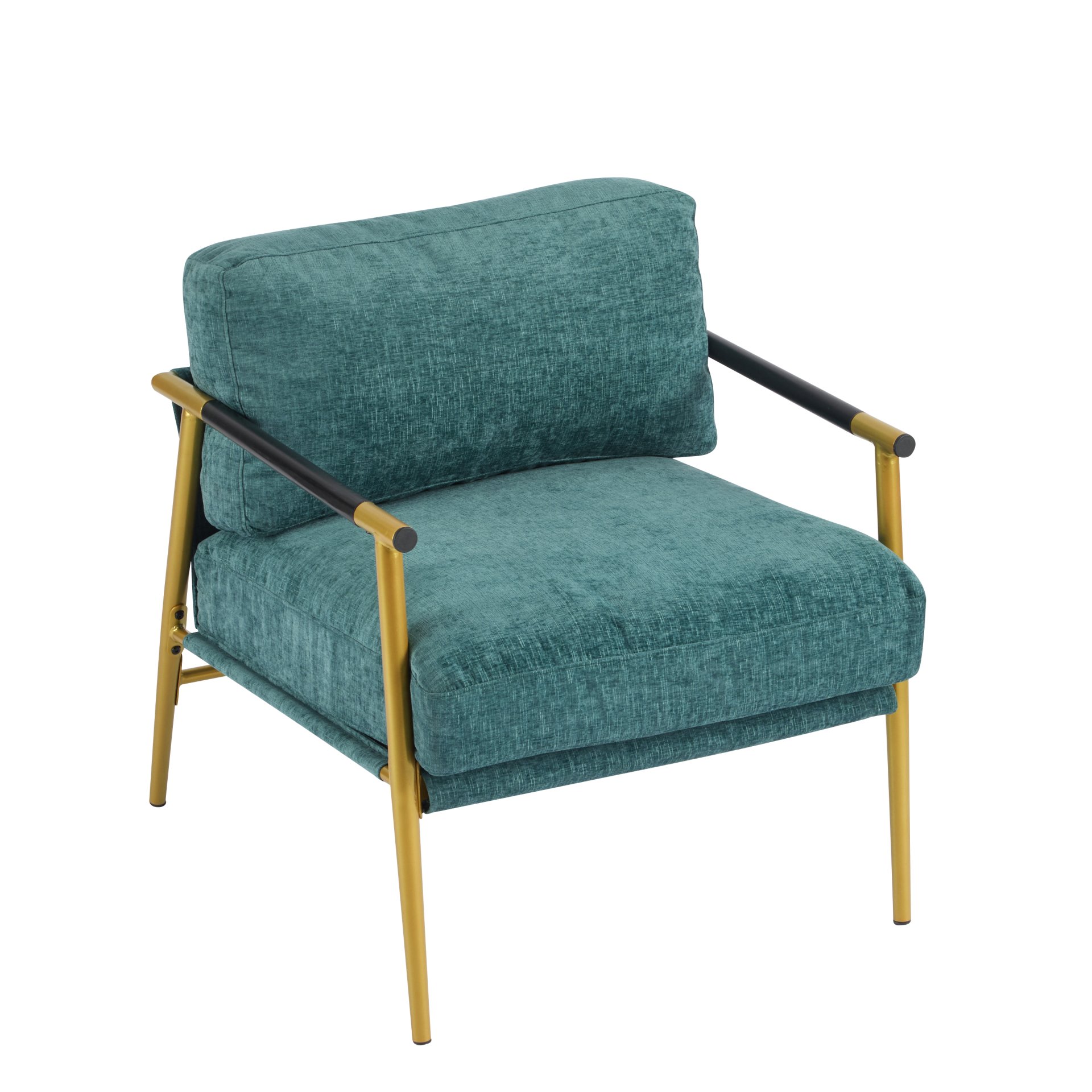 Modern Accent Chair With Plush Cushions, Metal Frame, Wooden Armrests Cozy Seating For Living Room, Bedroom, Office - Gold / Teal Blue - Image 8