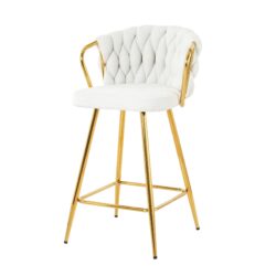 Modern Design High Stool With Gold Plated Legs Linen Bar Chair For Kitchen Dining And Cafe (Set of 2) - White