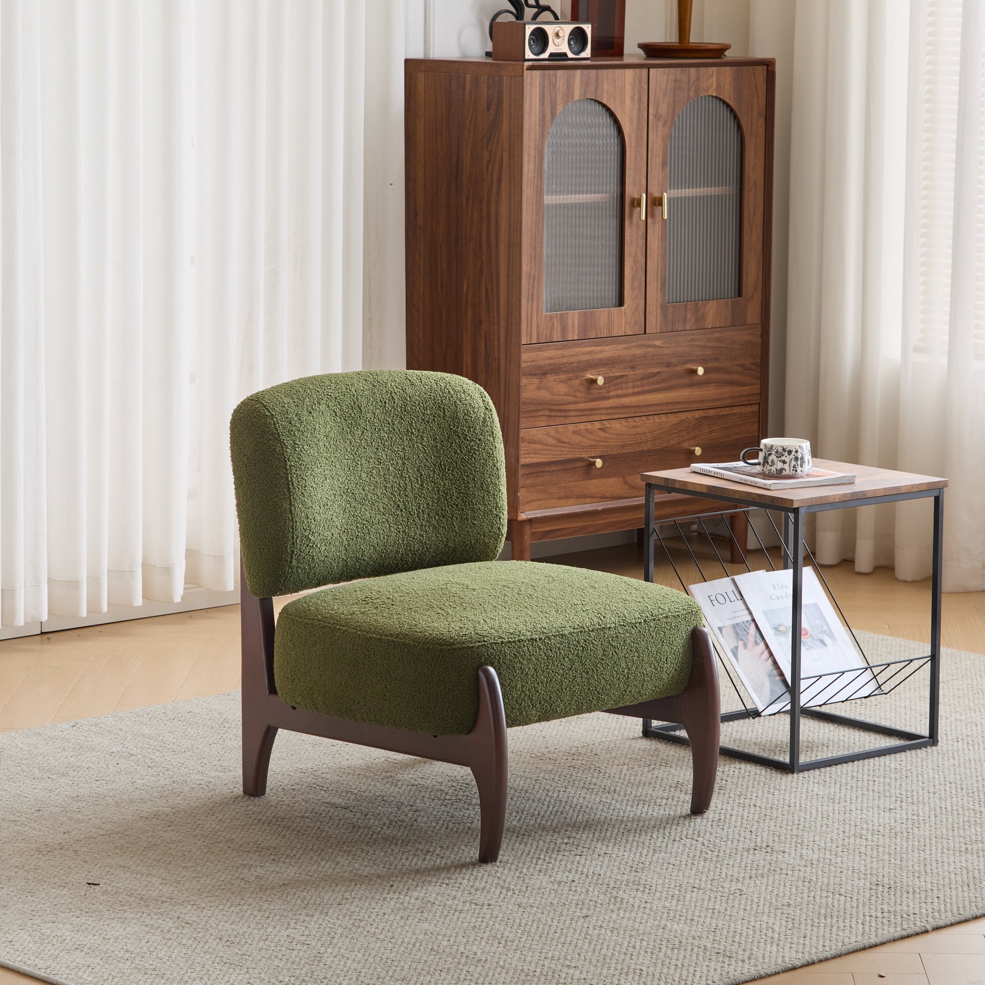 Modern Boucle Lounge Chair With Solid Wood Frame - Green - Image 2