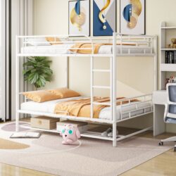 Full Over Full Bunk Bed With Shelf And Guardrails - White