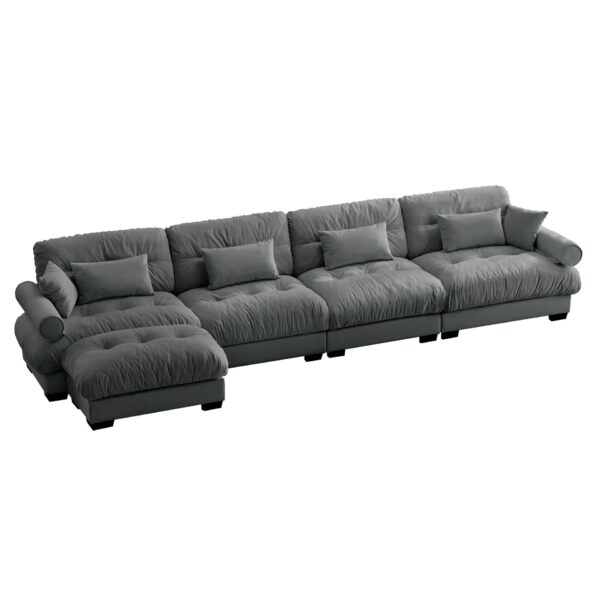 Modern Velvet L Shaped Sectional Cloud Sofa Convertible 4 Seater Modular Couch With Pillows - Gray