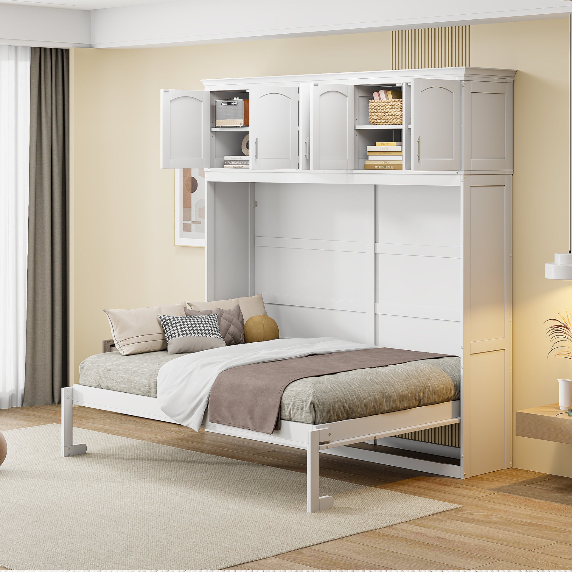 Full Size Space Saving Murphy Wall Bed With Top Cabinets, Flexible Slats - White - Image 2