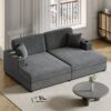 Oversized Loveseat Chaise Lounge Sectional Sofa Bed Corduroy Sleeper Sofa With 2 USB Ports, 2 Cup Holders And 2 Throw Pillows For Living Room And Bedroom - Dark Gray - Image 3