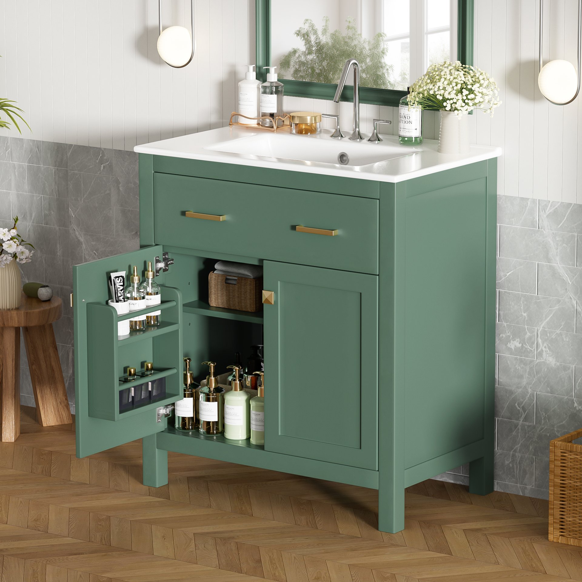 Bathroom Vanity With Ceramic Sink, Modern Single Bathroom Cabinet With 2 Doors And A Shelf, Soft Close Doors - Green - Image 25