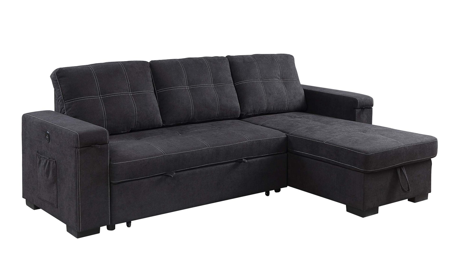 Toby - Reversible Sleeper Sectional Sofa With Storage Chaise Cup Holder Charging Ports And Pockets - Black - Image 3