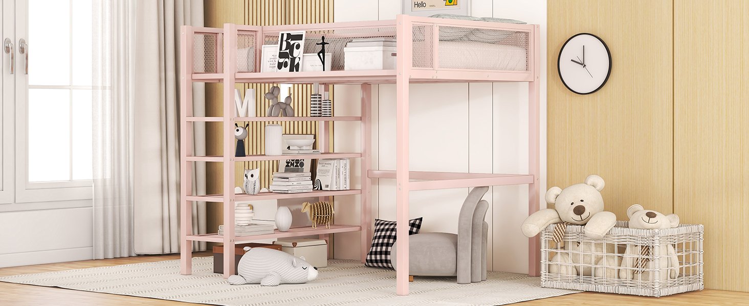 Twin Size Loft Bed With 4 Tier Shelves And Storage - Pink - Image 14