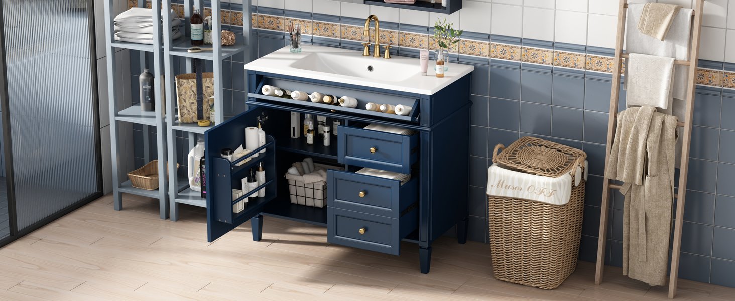 Bathroom Vanity With Top Sink, Modern Bathroom Storage Cabinet With 2 Drawers And A Tip-Out Drawer, Single Sink Bathroom Vanity - Blue - Image 19