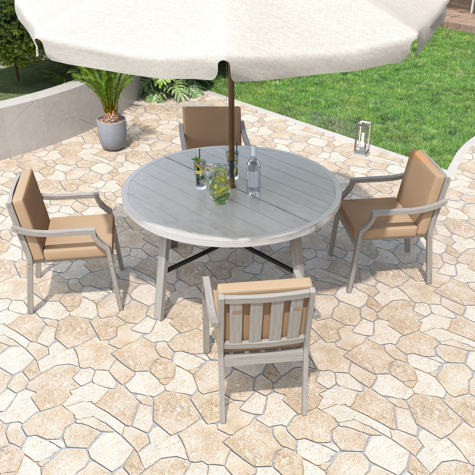 Outdoor Dinning Set 4 Person Outdoor Wooden Dinning Set With An Umbrella Hole And Removable Cushions For Patio, Backyard, Garden - Antique Gray - Image 7
