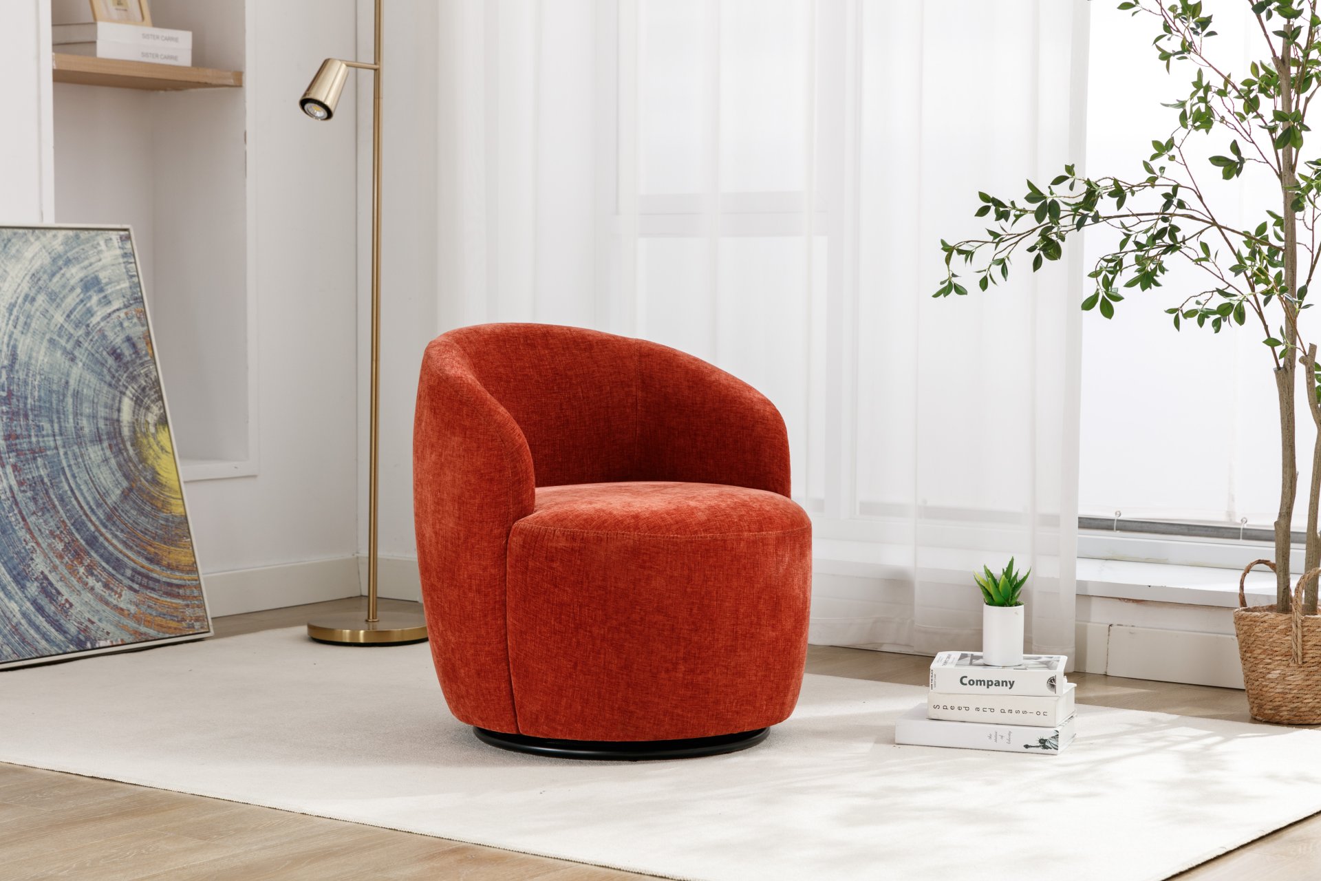 Chenille Fabric Swivel Accent Armchair Barrel Chair With Black Powder Coating Metal Ring - Orange - Image 11