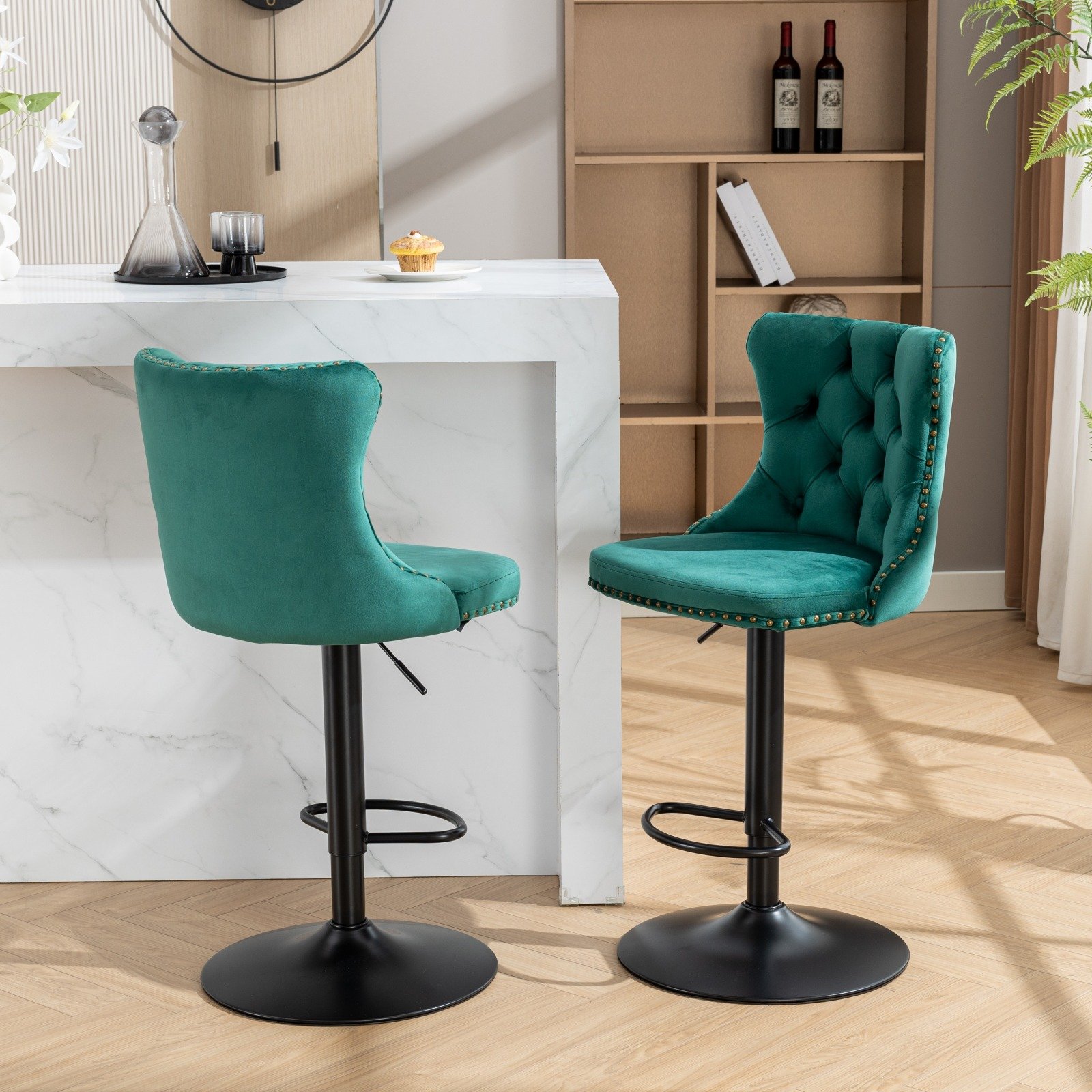Swivel Velvet Barstools Adjusatble Seat Height, Modern Upholstered Bar Stools With Backs Comfortable Tufted For Home Pub And Kitchen Island (Set of 2) - Green - Image 17