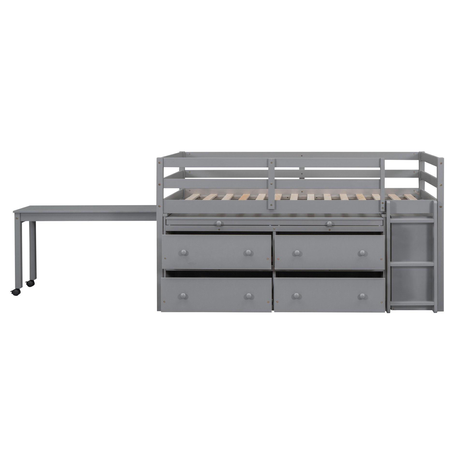 Twin Size Loft Bed With Retractable Writing Desk And 4 Drawers, With Lateral Portable Desk And Shelves - Gray - Image 16