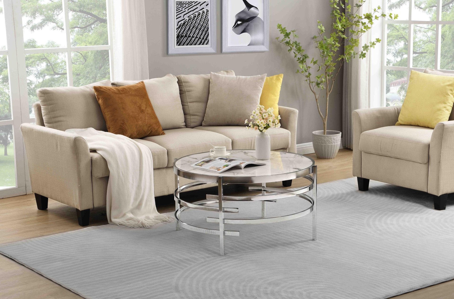32.48'' Chrome Round Coffee Table With Sintered Stone Top & Sturdy Metal Frame, Modern Coffee Table For Living Room - Silver - Image 3