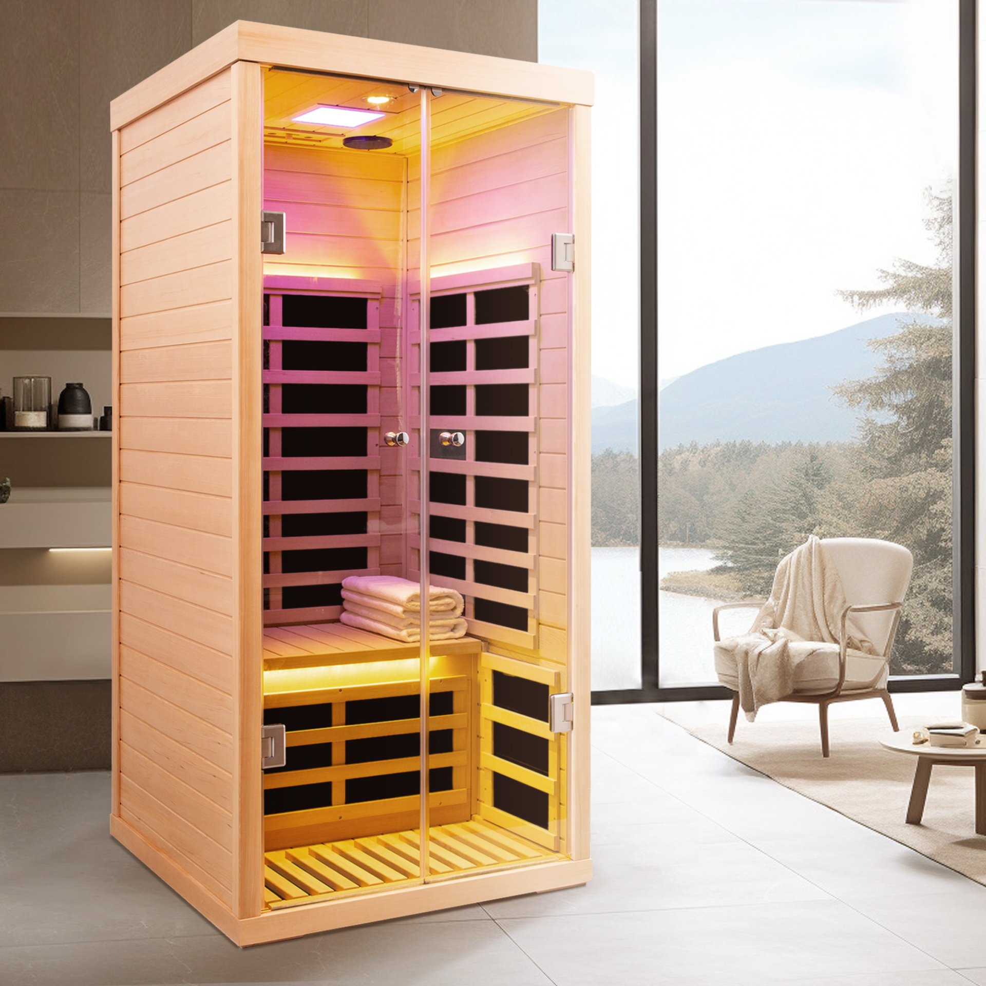 Low Emf 1 Person Wide Space Hemlock Double Doors Great Glass Luxury Indoor Far Infrared Sauna Room - Natural Wood - Image 7