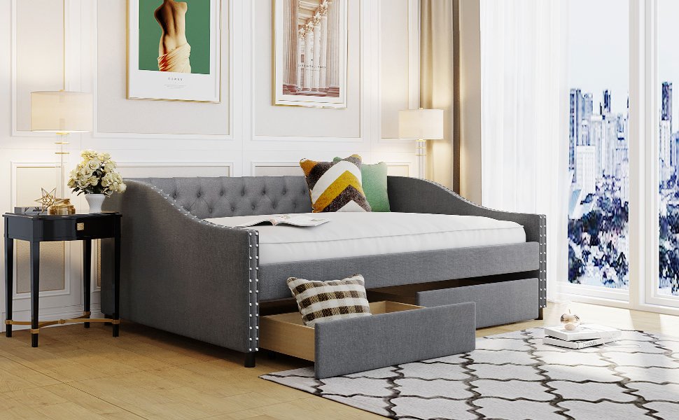 Full Size Upholstered Daybed With Two Drawers, Slat Support - Gray - Image 14
