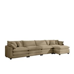 Modern Upholstered Corduroy Sofa With Footstool 4 Seater, Comfortable Living Room Furniture With Arm And Throw Pillows - Tan