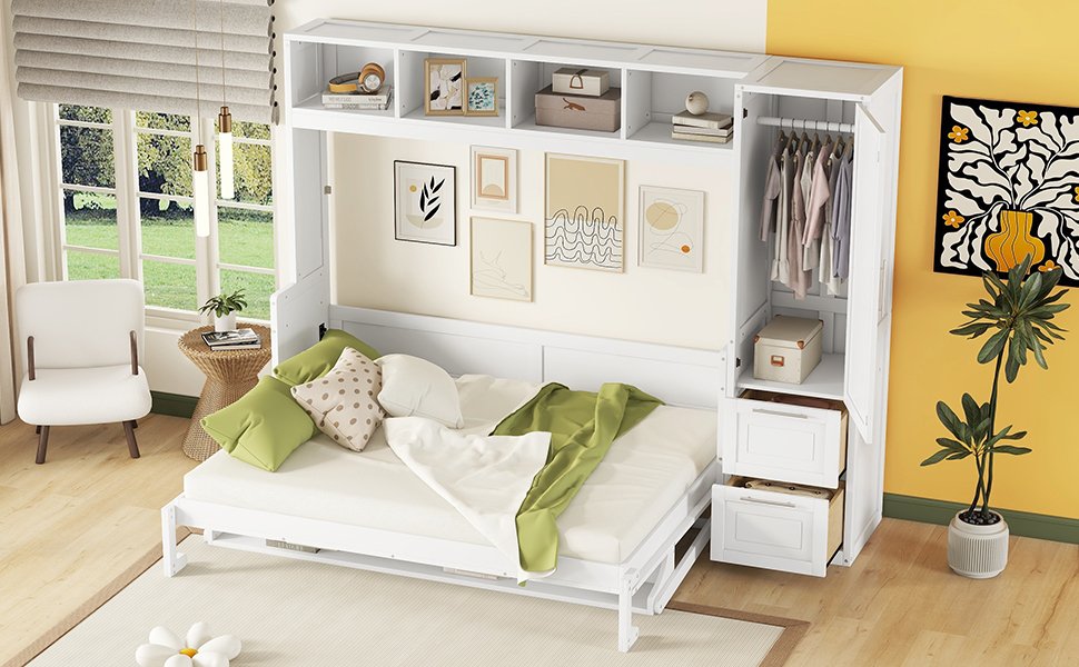 Queen Size Murphy Wall Bed With Closet And Drawers - White - Image 17