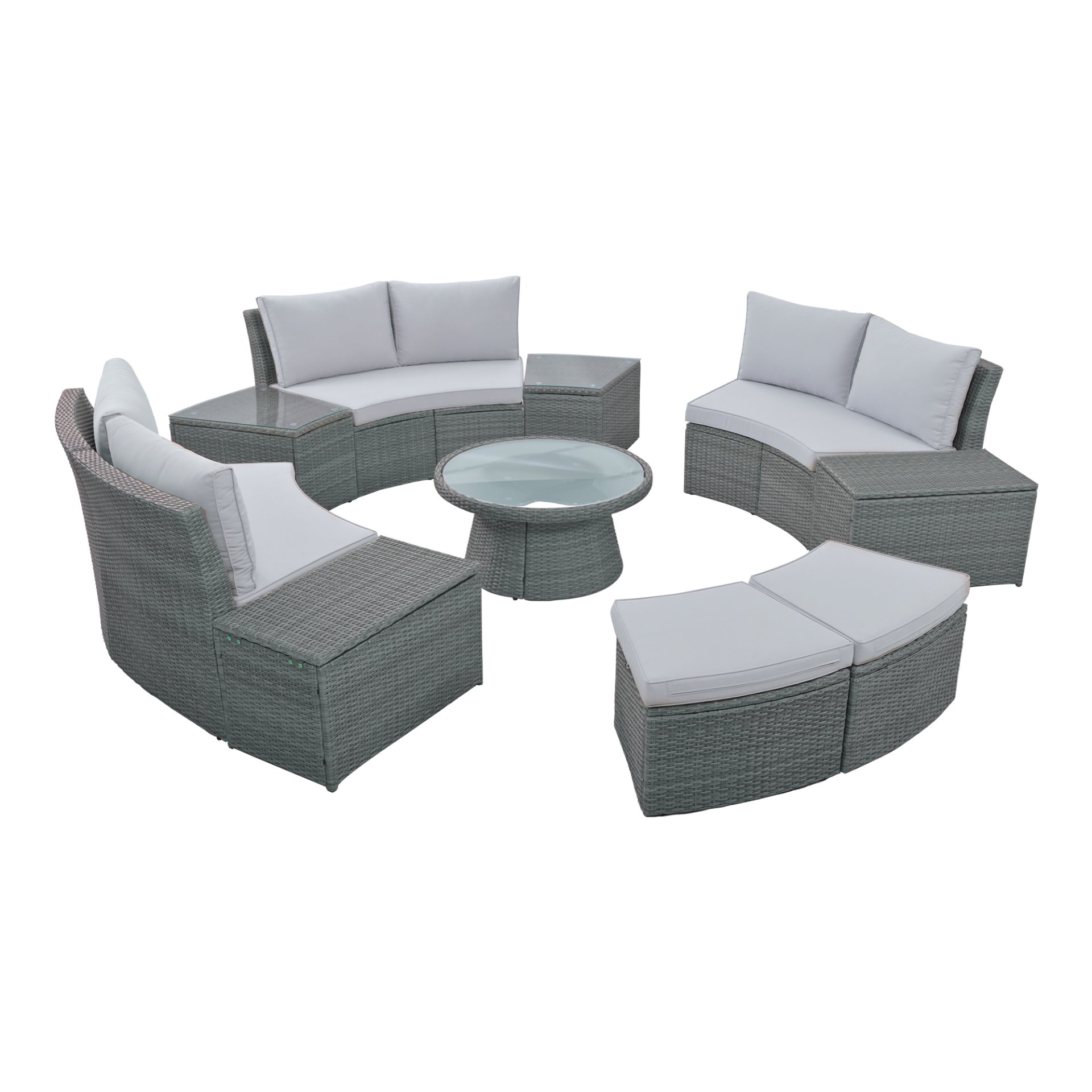 10 Piece Outdoor Sectional Half Round Patio Rattan Sofa Set, Wicker Conversation Furniture Set For Free Combination - Light Gray - Image 11