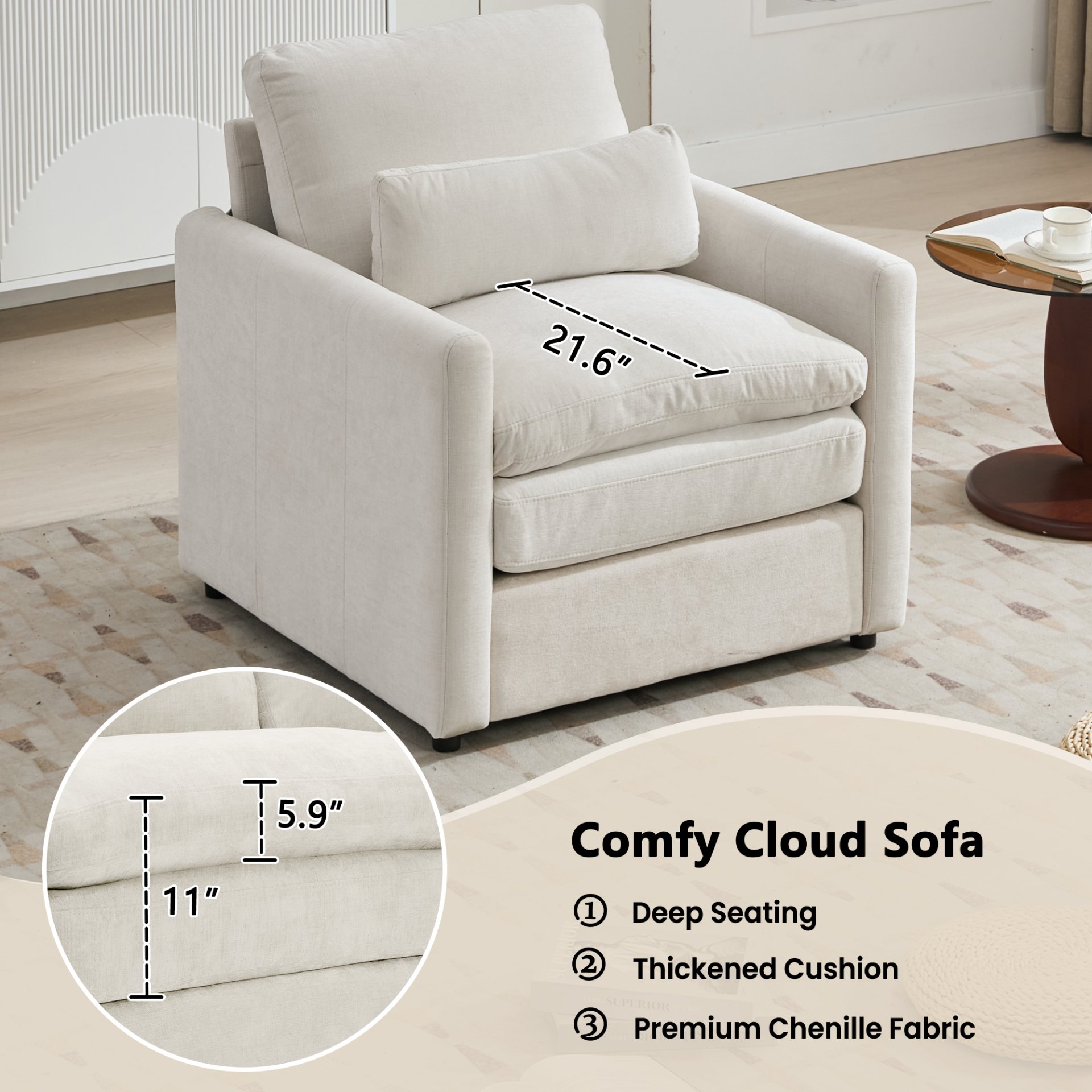 Cozy Upholstered Armchair Oversized Comfy Cloud Sofa Double Cushion Single Sofa Plush Cushion Armchair For Living Room - Beige - Image 5