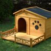 Wooden Dog House Outdoor With Porch, Dog Kennel With Water Resistant Asphalt Roof And Fencing, Indoor & Outdoor Dog Crate With Paw Print, Medium - Nature - Image 5