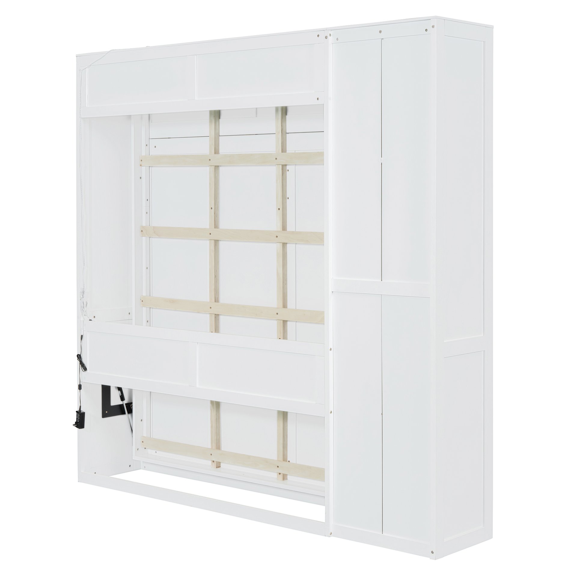 Full Size Murphy Wall Bed With Shelves, Wardrobe And LED Lights - White - Image 9