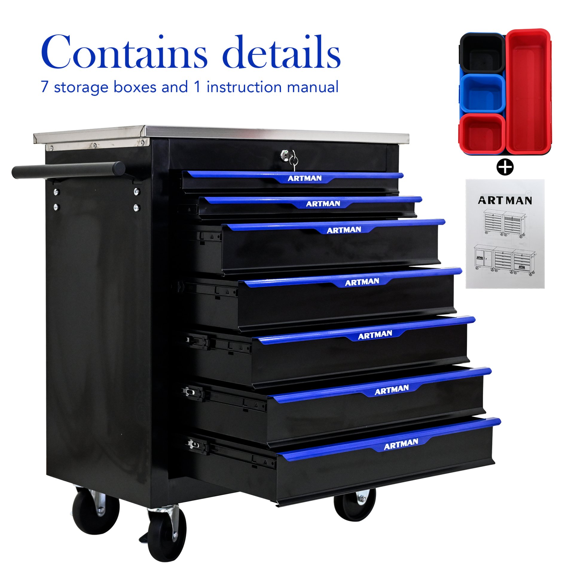 7 Drawer Multifunctional Tool Cart With Wheels - Black / Blue - Image 6