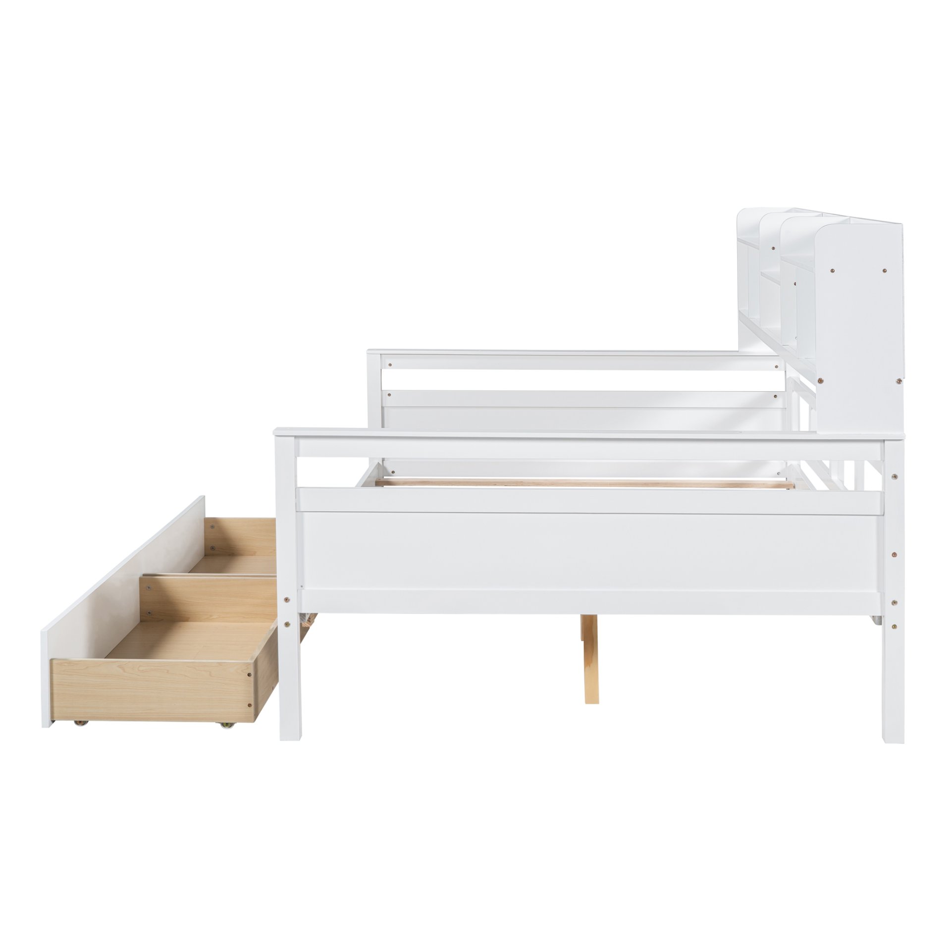 Full Size Daybed, Slat Support, With Bedside Shelf And Two Drawers - White - Image 10