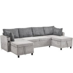 Sectional Sofa Pull Out Sofa Bed Versatile Sofa Sleeper With Large Storage Space, Two USB Ports And Two Cup Holders For Living Room - Gray