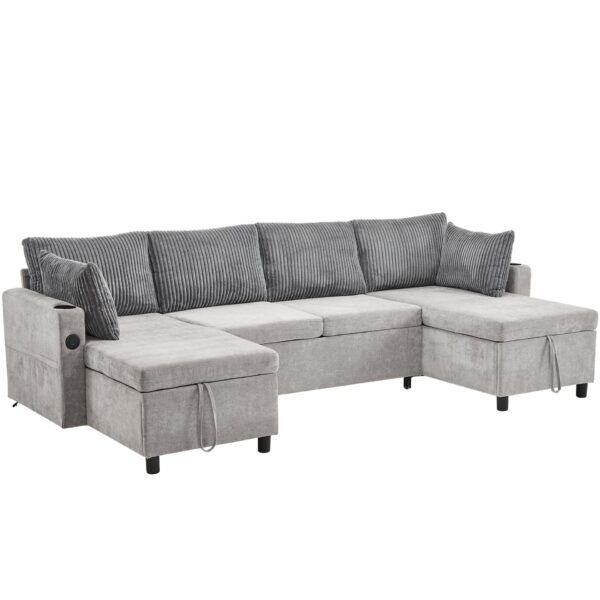 Sectional Sofa Pull Out Sofa Bed Versatile Sofa Sleeper With Large Storage Space, Two USB Ports And Two Cup Holders For Living Room - Gray