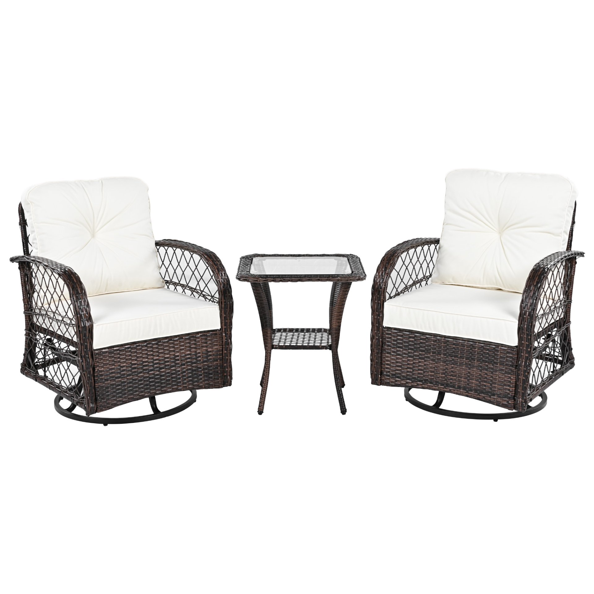 3 Piece Outdoor Chair & Table Set Chat Set 2 Person Rattan Seating Group With 2 Swiveling And Rocking Chairs And A Square Table For Garden, Patio, Or Balcony - Brown - Image 14
