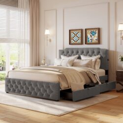 Queen Size Upholstered Platform Bed With 2 Drawers And 2 Sets Of USB Ports On Each Side - Gray