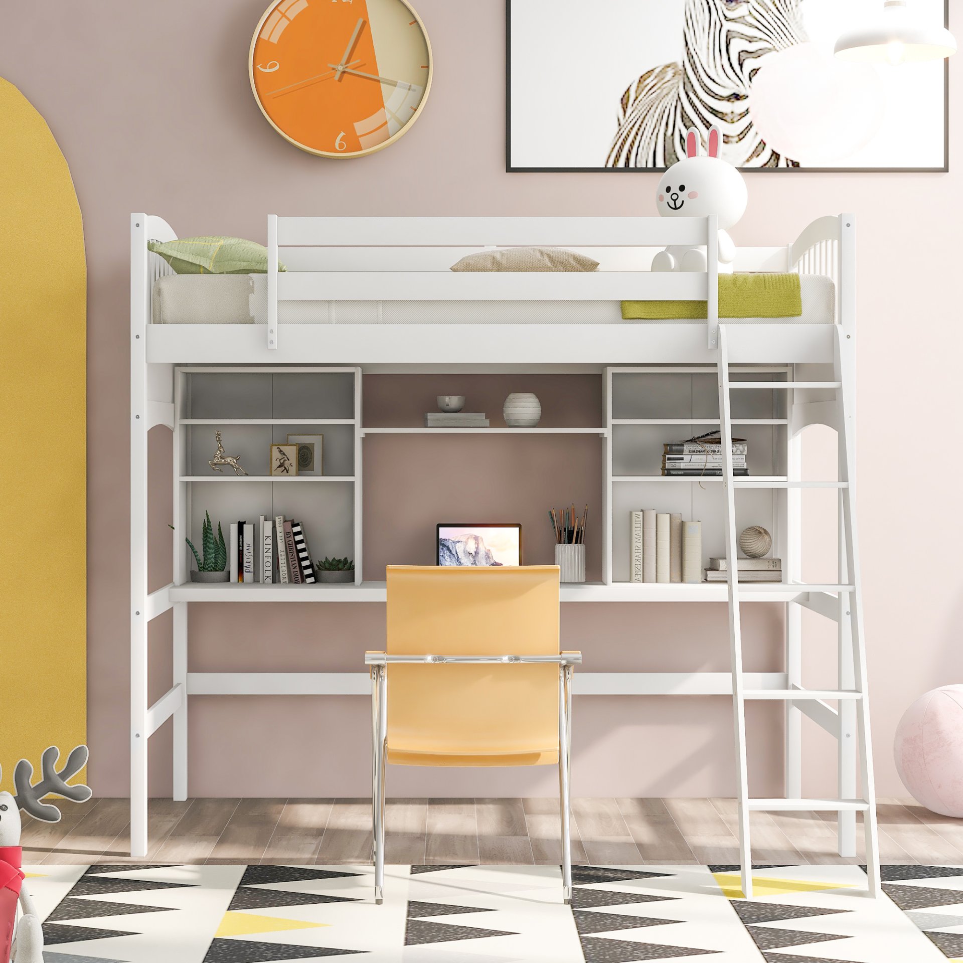 Twin Size Loft Bed With Storage Shelves, Desk And Ladder - White - Image 2
