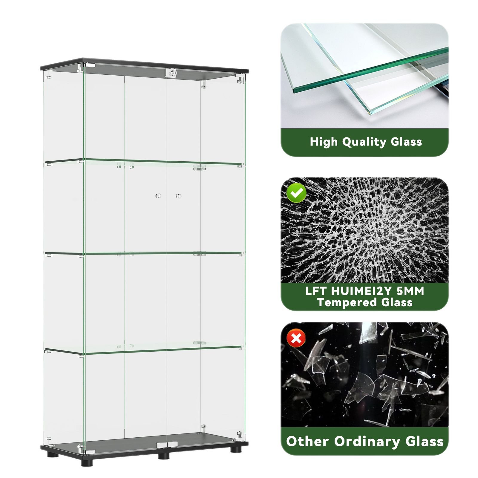 Modern Glass Display Cabinet With 4 Shelf Double Doors And Lock, Tempered Glass Bookshelf For Living Room - Black - Image 5