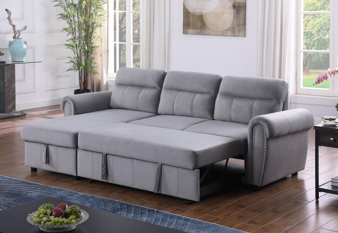 Ashton - Velvet Fabric Reversible Sleeper Sectional Sofa Chaise - Gray - Image 11