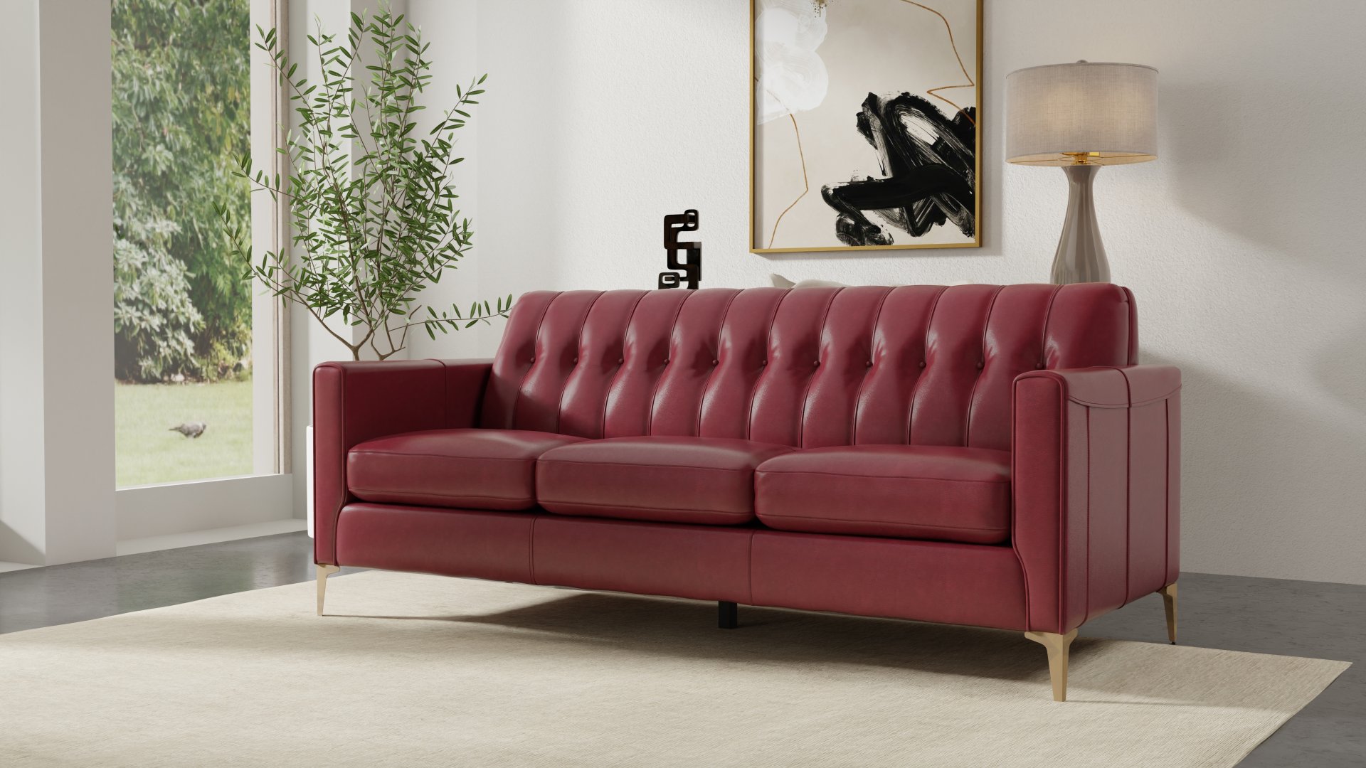 Mid-Century Tufted Leather Sofa - Red - Image 2