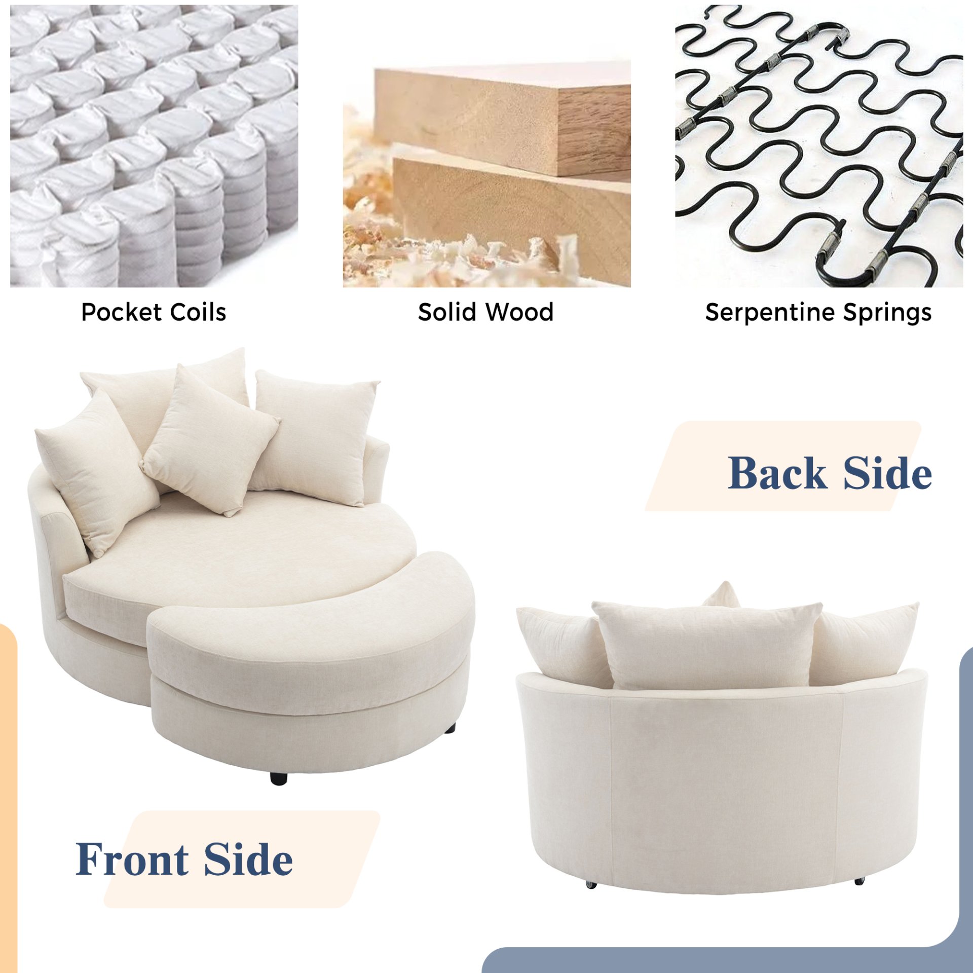 360° Swivel Accent Barrel Chair With Storage Ottoman & 4 Pillows, Modern Chenille Leisure Chair Round Accent For Living Room - Cream - Image 6