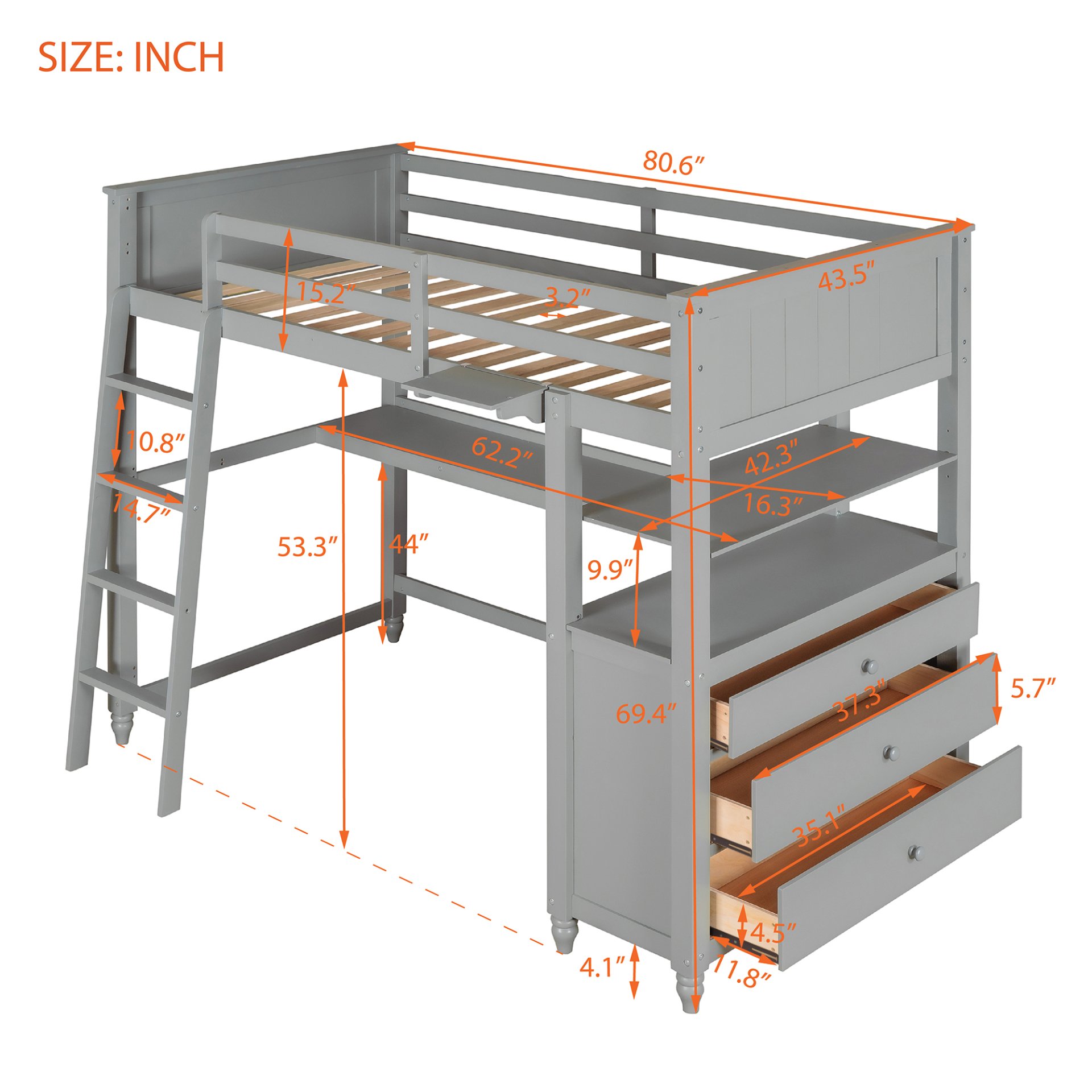 Twin Size Loft Bed With Drawers And Desk, With Shelves - Gray - Image 10