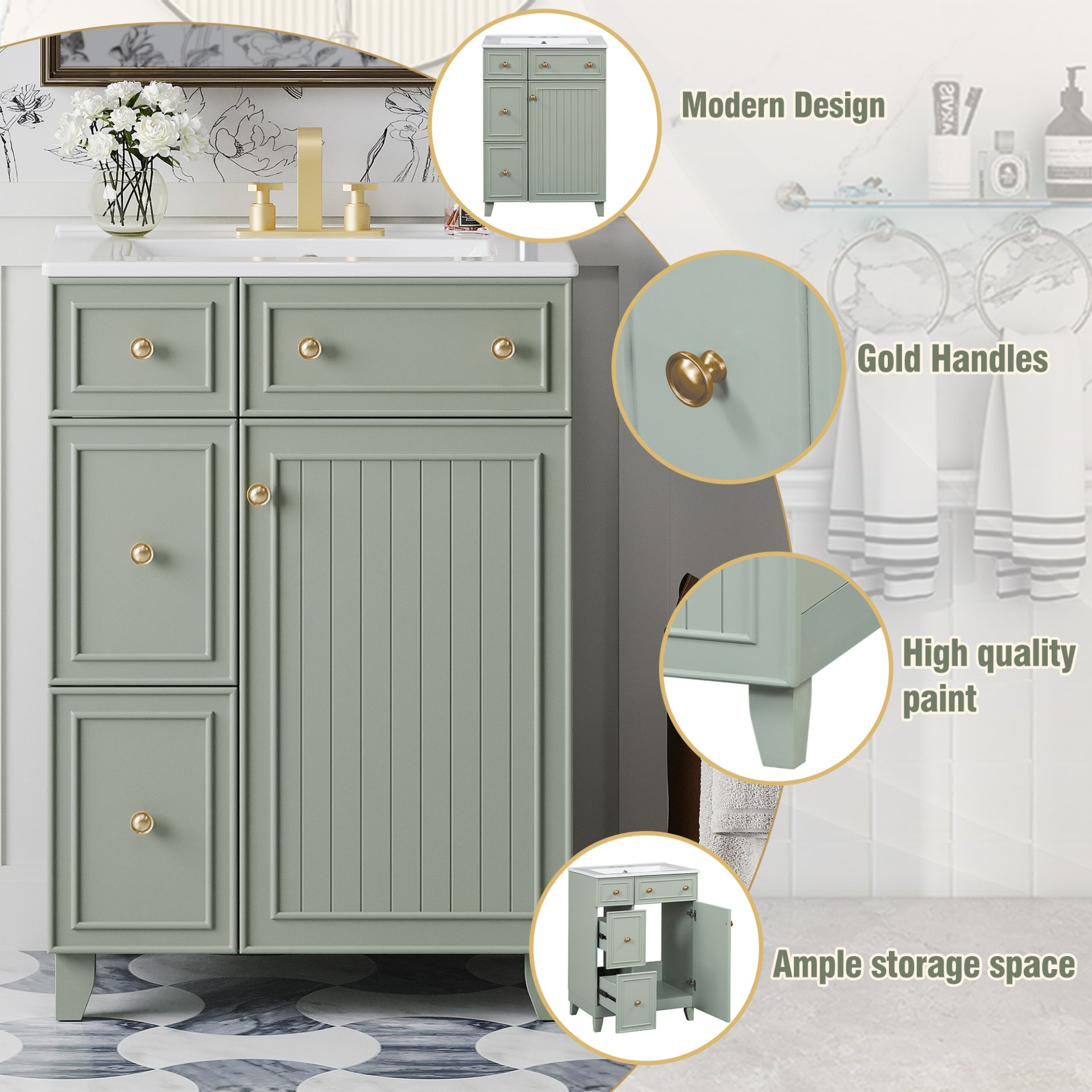 24" Bathroom Vanity Cabinet With Sink - Green - Image 6