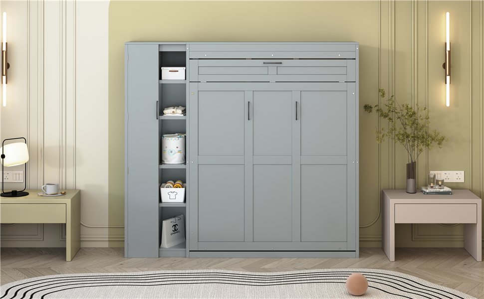 Full Size Murphy Wall Bed With Shelves, Wardrobe And LED Lights - Gray - Image 23