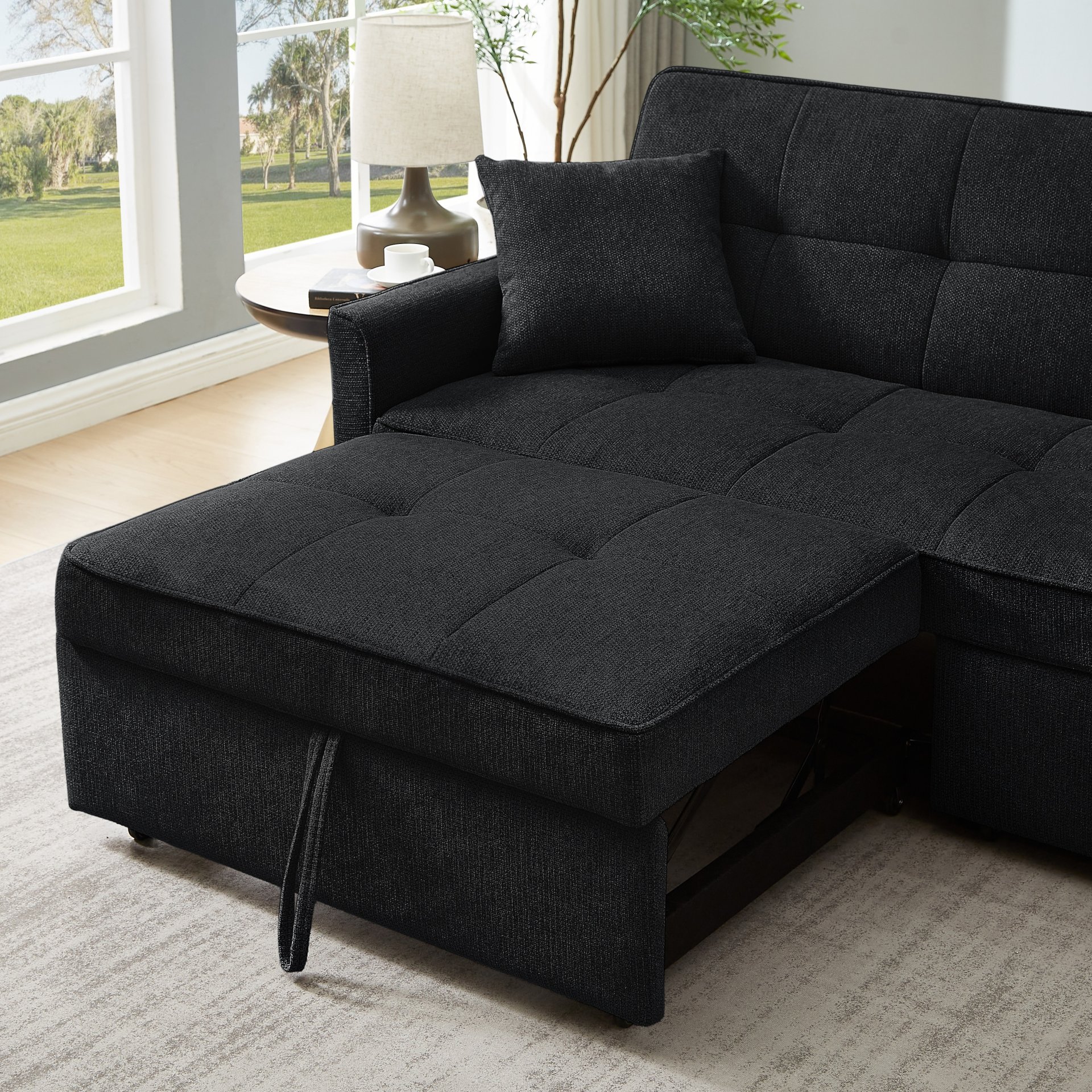 3 In 1 Convertible Sleeper Sofa Bed, Modern Fabric Loveseat Futon Sofa Couch Pullout Bed, Small Love Seat Lounge Sofa Reclining Backrest, Pillows, Pockets, Home Furniture For Living Room - Black - Image 6