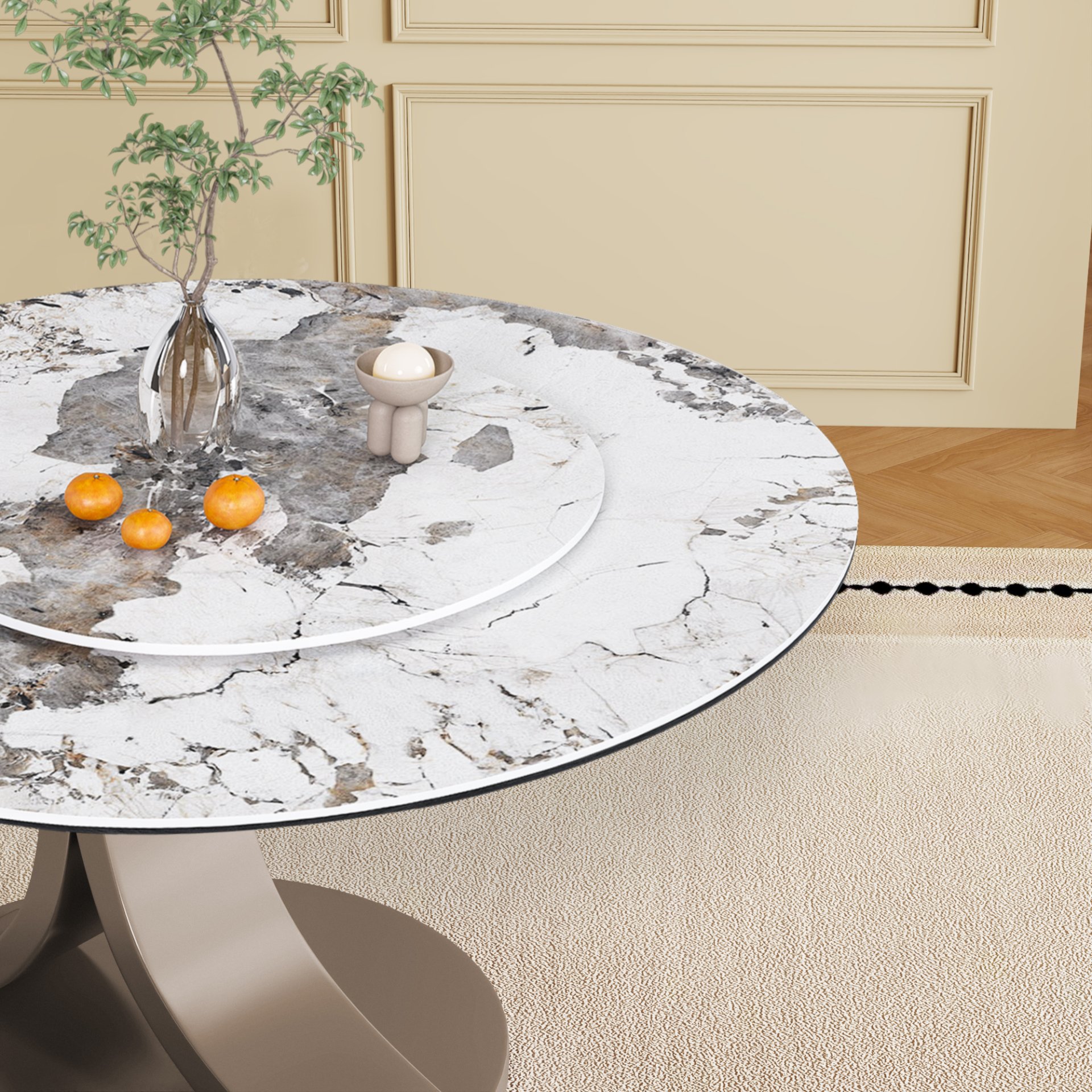 Round Dining Table With 360° Rotating Lazy Susan Top For Dining Room & Kitchen, 8 Chairs - White - Image 3