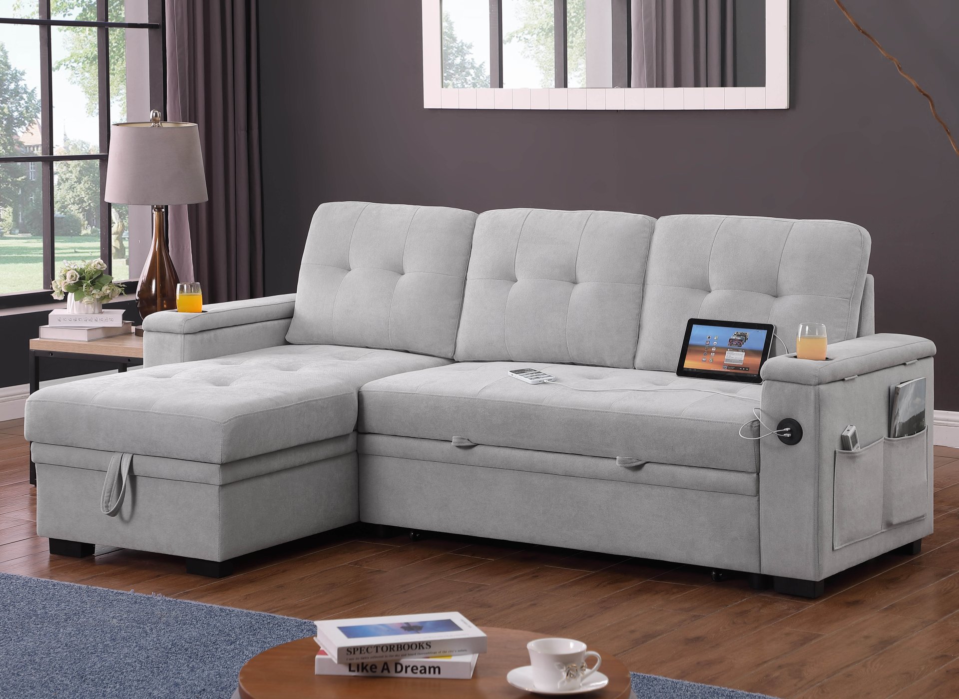 Ashlyn II - Woven Fabric Reversible Sleeper Sectional Sofa With Storage Chaise, Storage Arm, Cup Holder, Charging Ports, Side Pockets, and Pocket Coil Seating - Gray - Image 13