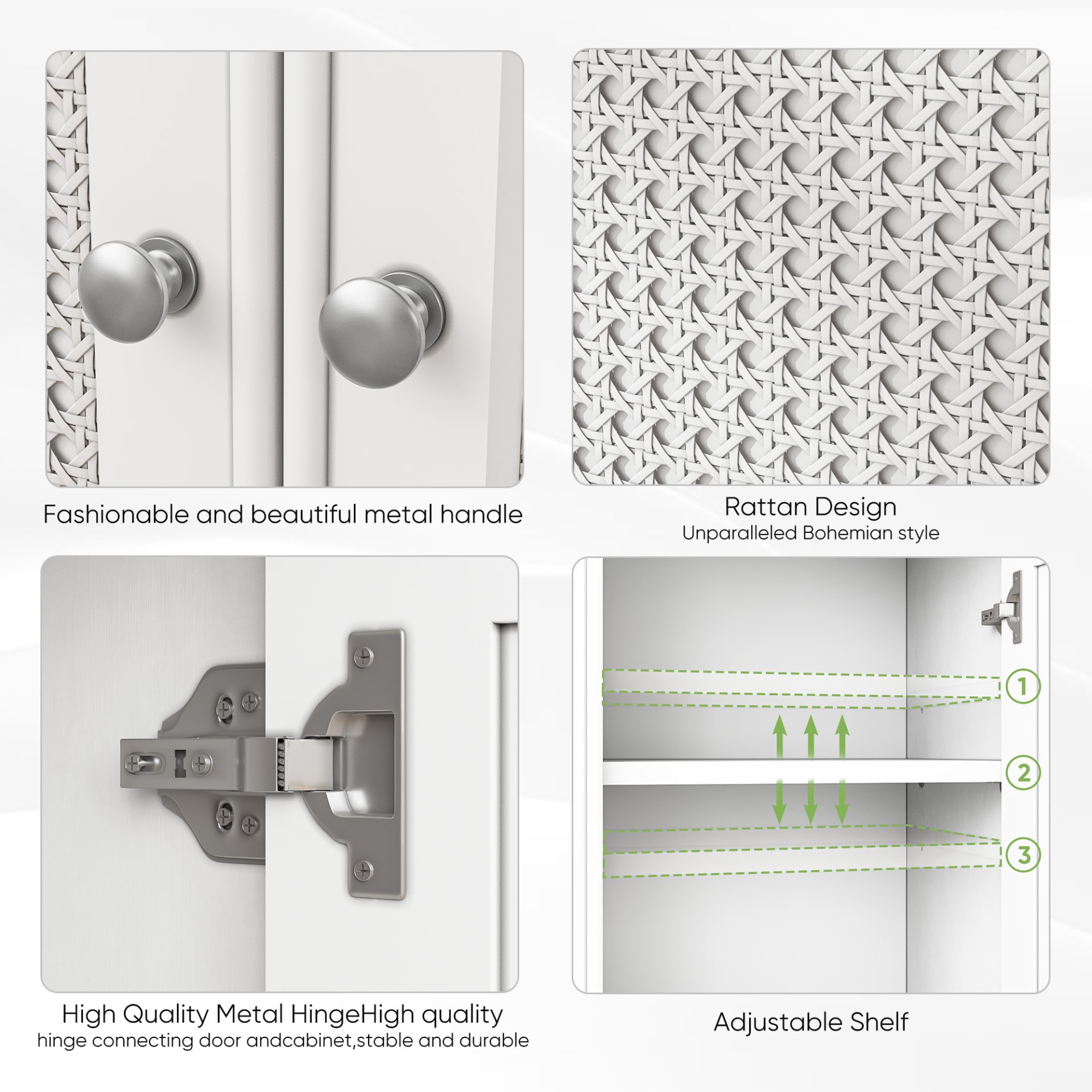 White 2 Door Rattan Storage Cabinet With Adjustable Partition, Medieval Modern Independent Buffet Cabinet, Multifunctional Decorative Cabinet Suitable For Living Room, Kitchen, Bathroom - White - Image 6