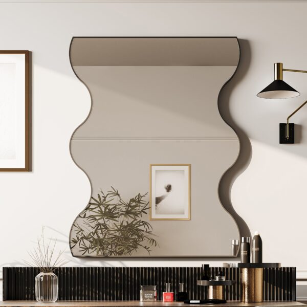 Wall Mirror Rectangular Mirror With 2 Wavy Sides Metal Framed Mirror Vanity Mirror Dressing Mirror, For Bathroom, Living Room, Bedroom Wall Decor - Black